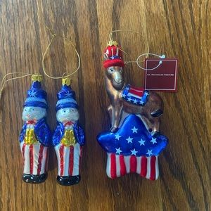 Three St Nicholas Square Glass  Uncle Sam Donkey Star Ornaments Flocked Glitter